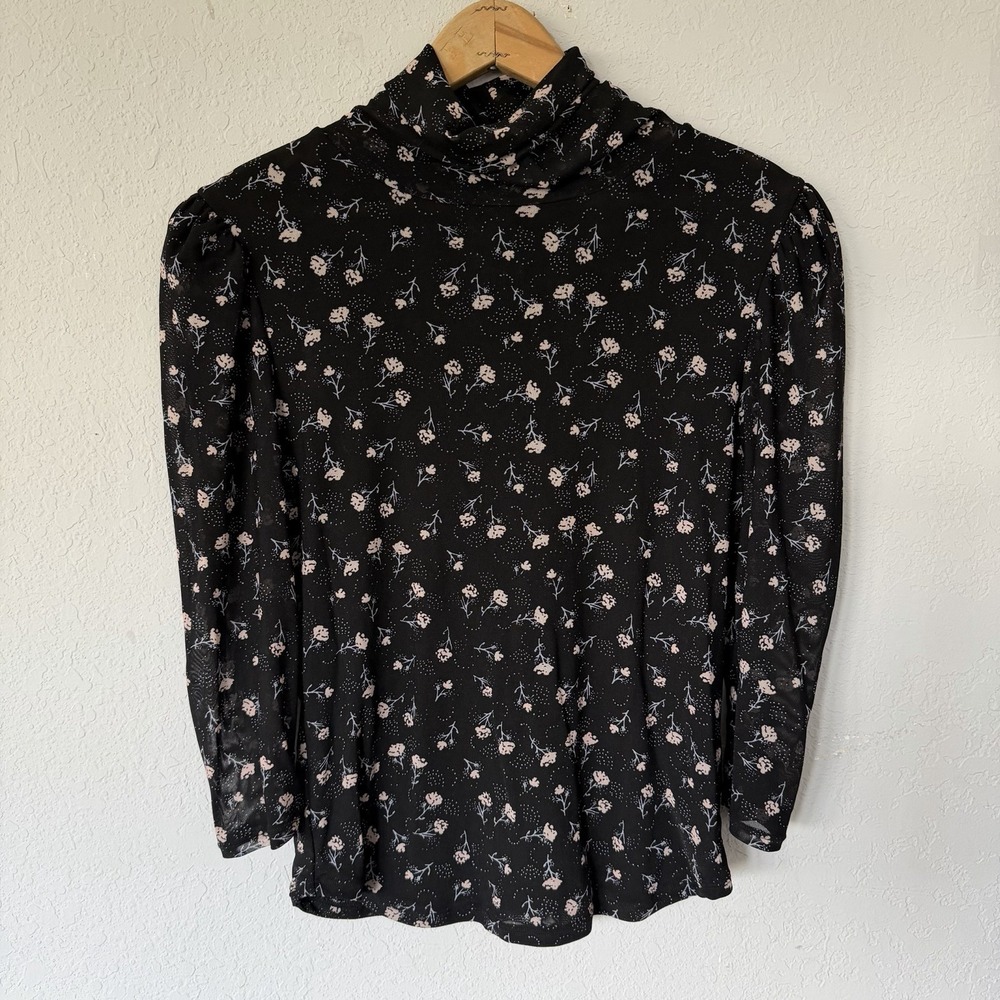 Free People Charlie Printed Mesh Mock Neck Top Black Combo M